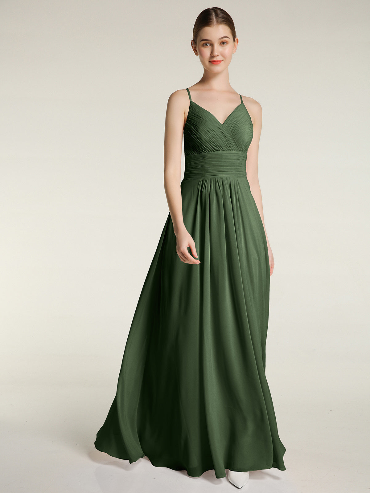 Vestido de chiffon con tirantes finos y escote en V con bolsillos Verde Oliva