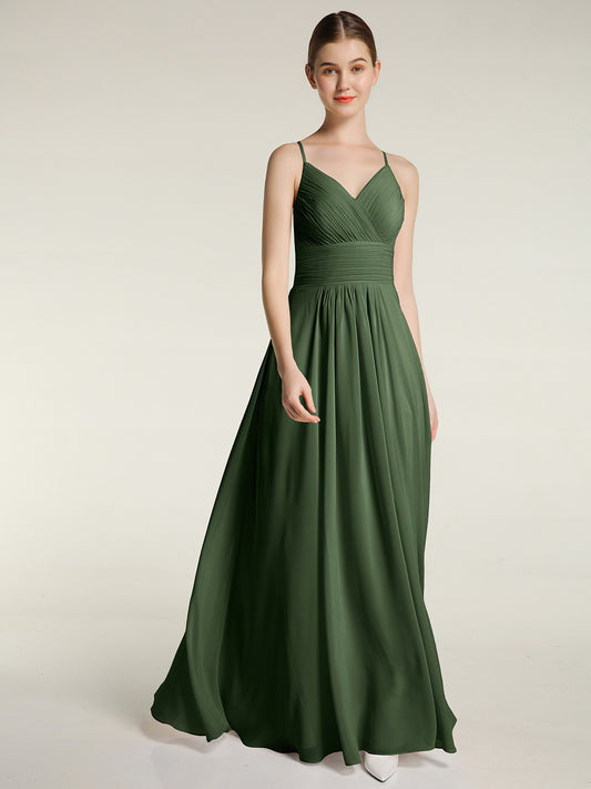 Vestido de chiffon con tirantes finos y escote en V con bolsillos Verde Oliva Tallas Grandes