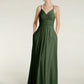 Vestido de chiffon con tirantes finos y escote en V con bolsillos Verde Oliva Tallas Grandes