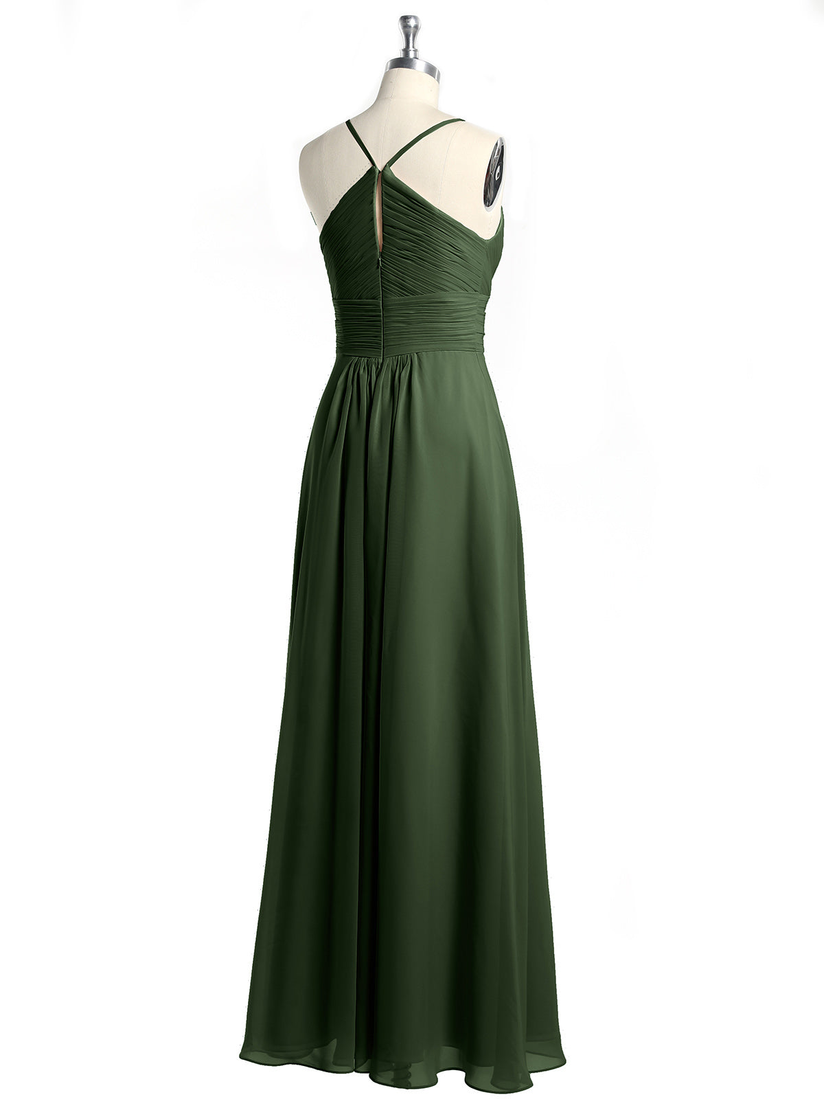 Vestido de chiffon con tirantes finos y escote en V con bolsillos Verde Oliva Tallas Grandes