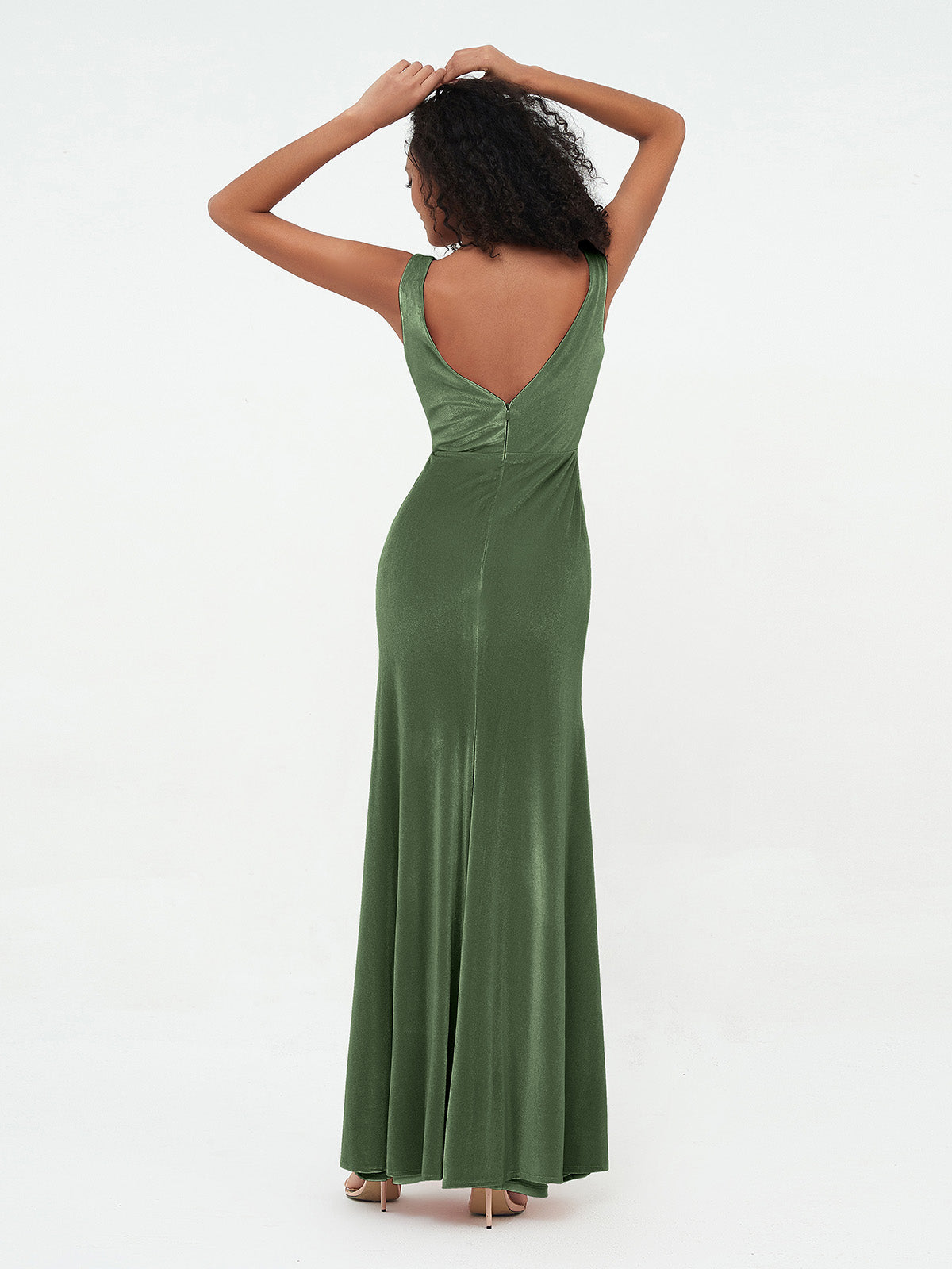 Vestidos máximos de terciopelo estilo sirena con escote en V Verde Oliva