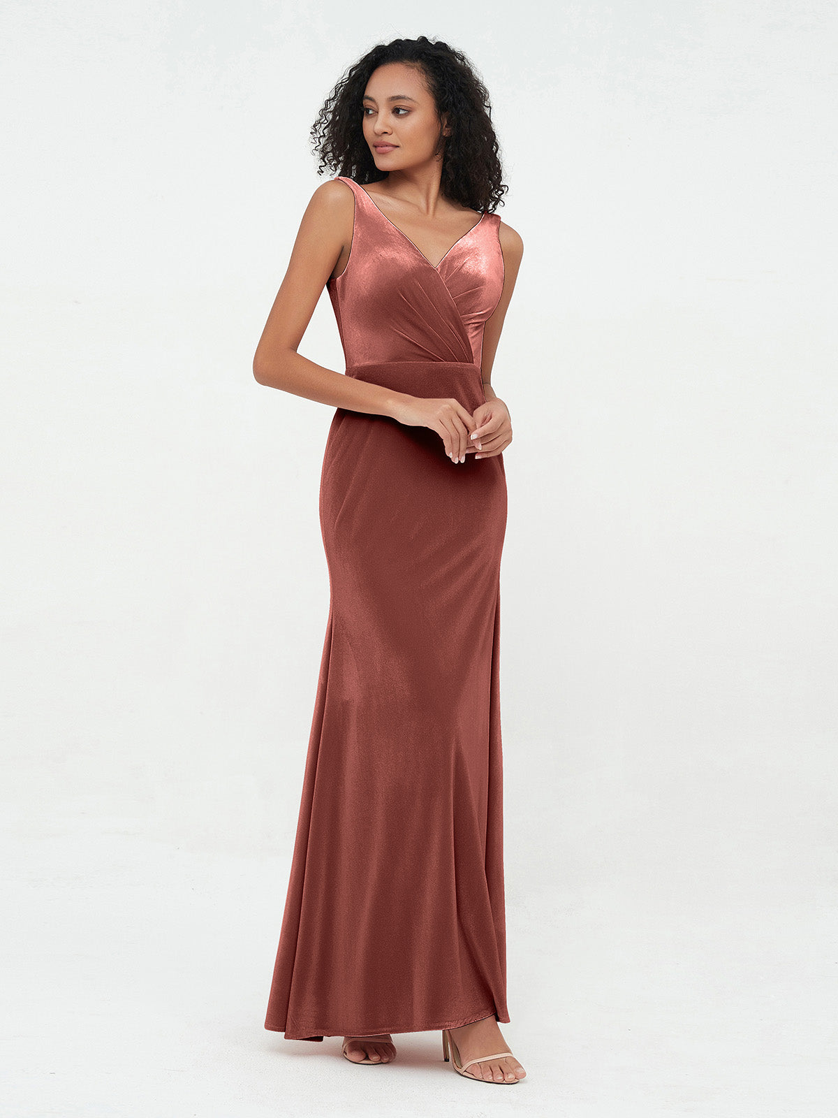 Vestidos máximos de terciopelo estilo sirena con escote en V Terracota Tallas Grandes