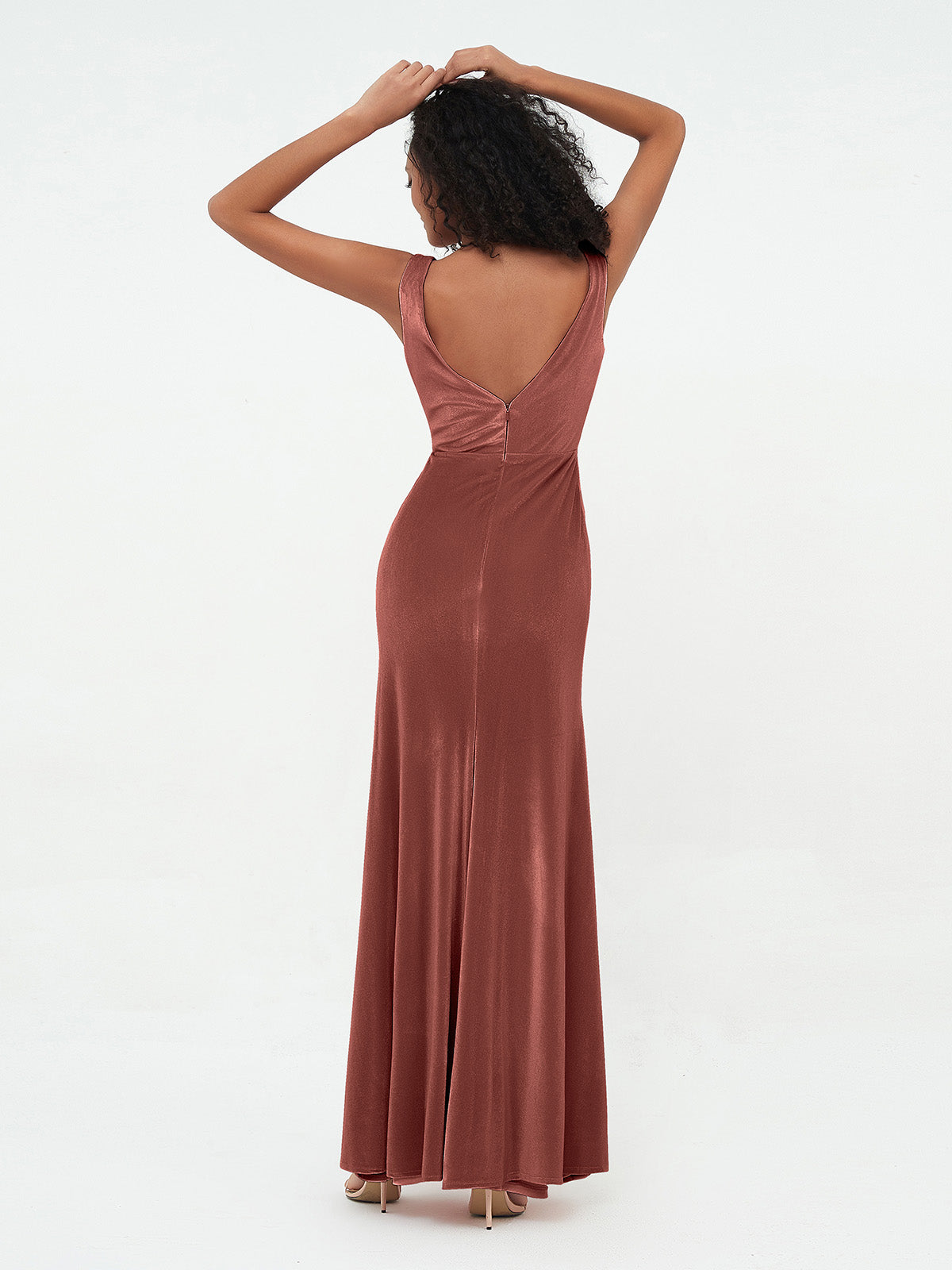 Vestidos máximos de terciopelo estilo sirena con escote en V Terracota Tallas Grandes