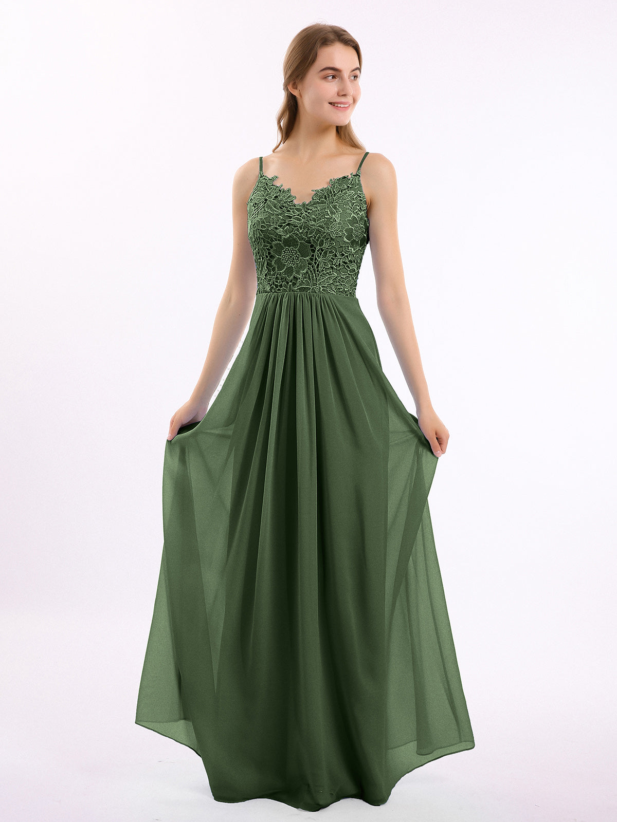 Vestidos largos de encaje y chiffon con tirantes finos Verde Oliva