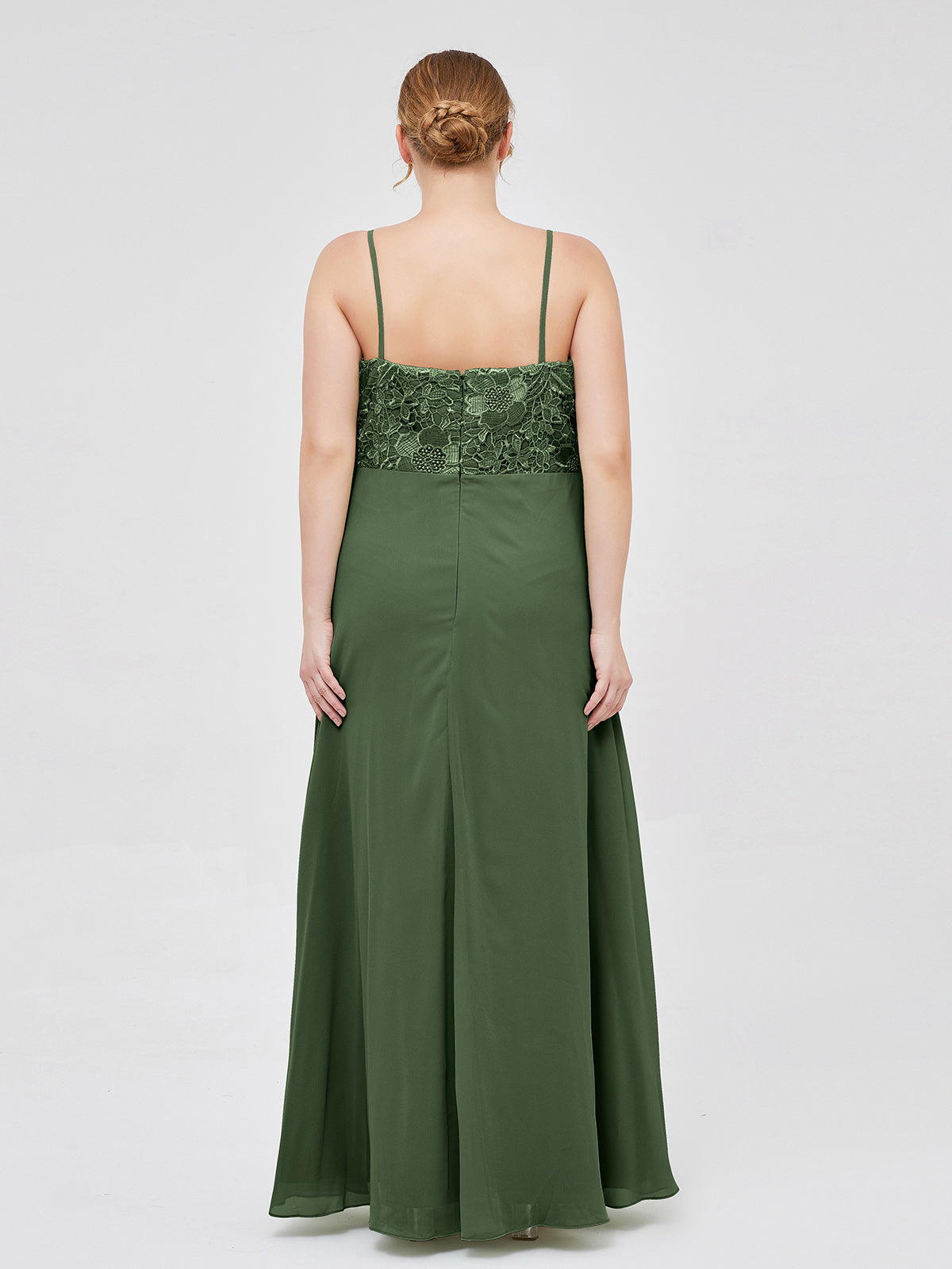 Vestidos largos de encaje y chiffon con tirantes finos Verde Oliva
