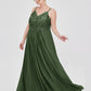 Vestidos largos de encaje y chiffon con tirantes finos Verde Oliva