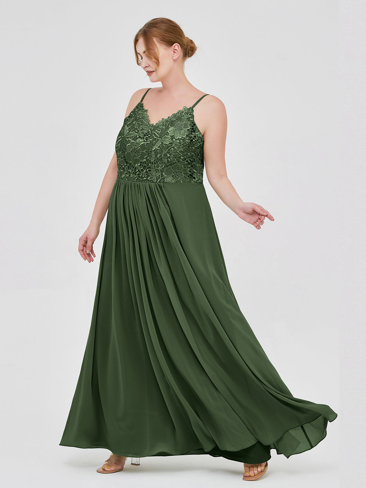 Vestidos largos de encaje y chiffon con tirantes finos Verde Oliva Tallas Grandes
