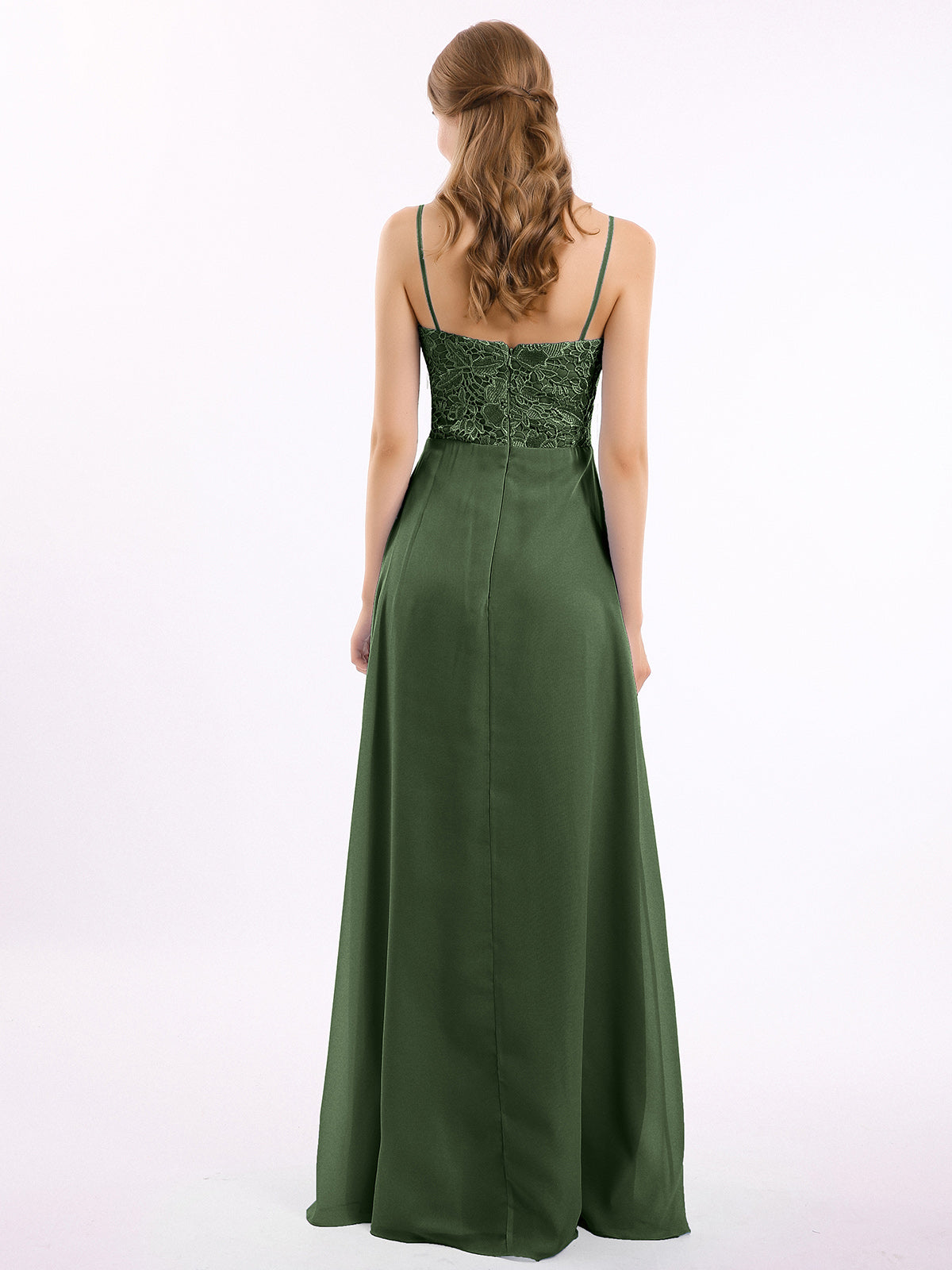 Vestidos largos de encaje y chiffon con tirantes finos Verde Oliva