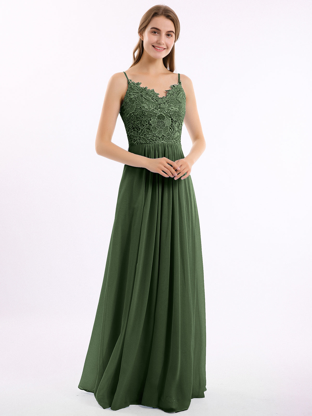 Vestidos largos de encaje y chiffon con tirantes finos Verde Oliva