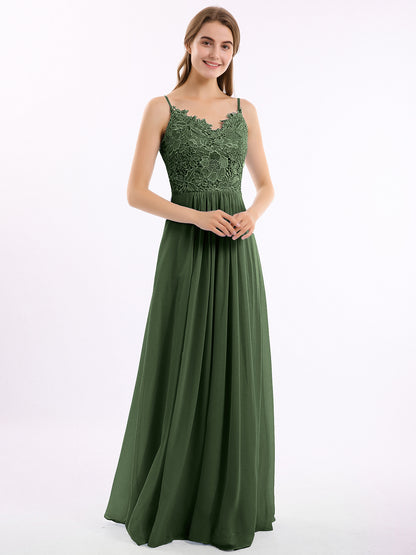 Vestidos largos de encaje y chiffon con tirantes finos Verde Oliva