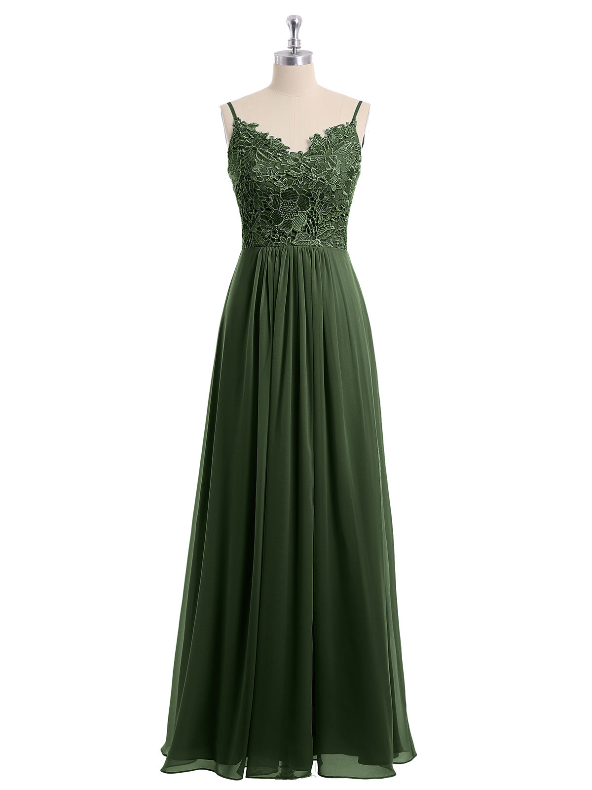 Vestidos largos de encaje y chiffon con tirantes finos Verde Oliva