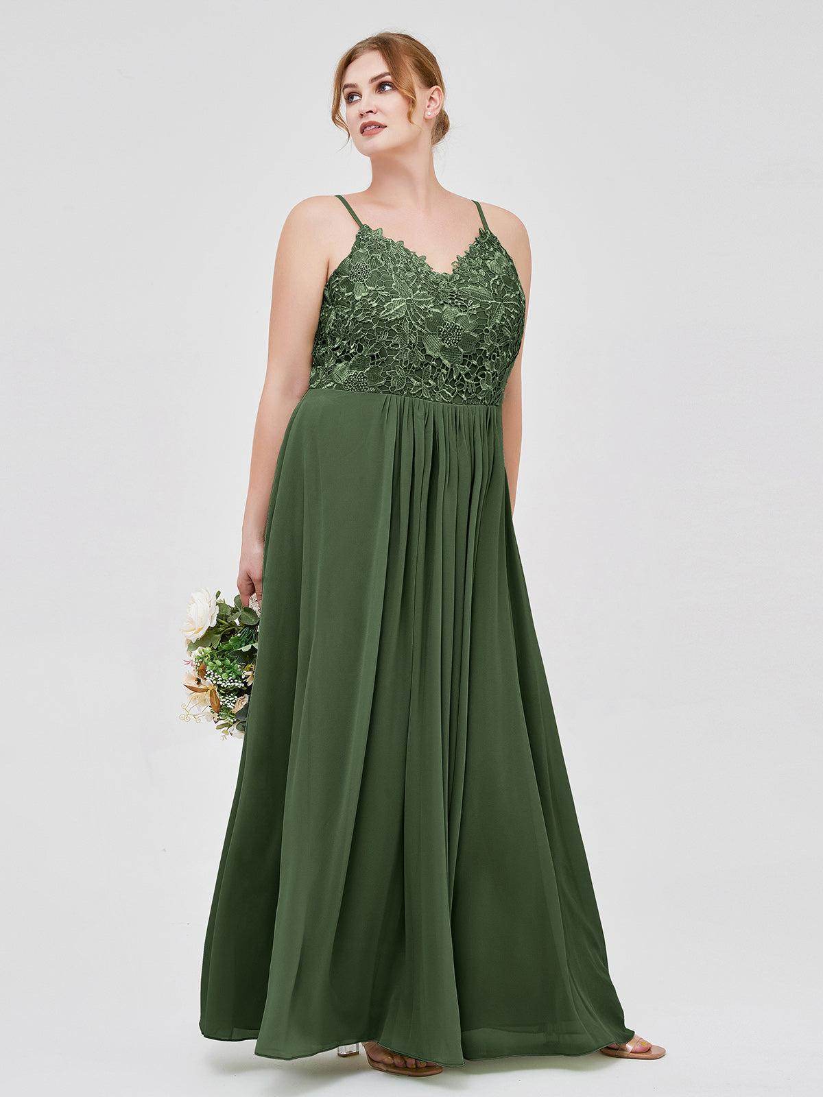 Vestidos largos de encaje y chiffon con tirantes finos Verde Oliva Tallas Grandes