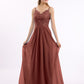 Vestidos largos de encaje y chiffon con tirantes finos Terracota