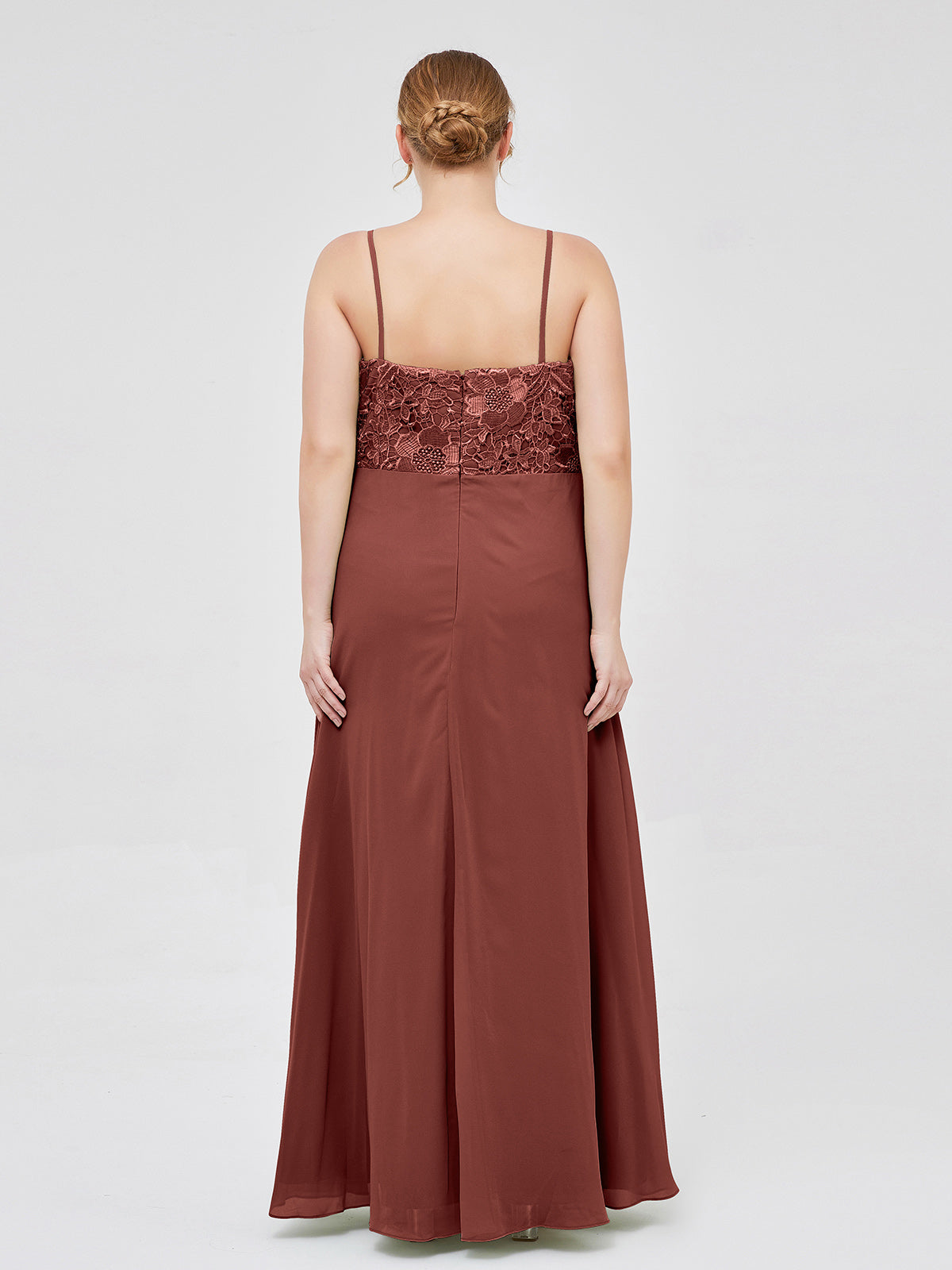 Vestidos largos de encaje y chiffon con tirantes finos Terracota Tallas Grandes