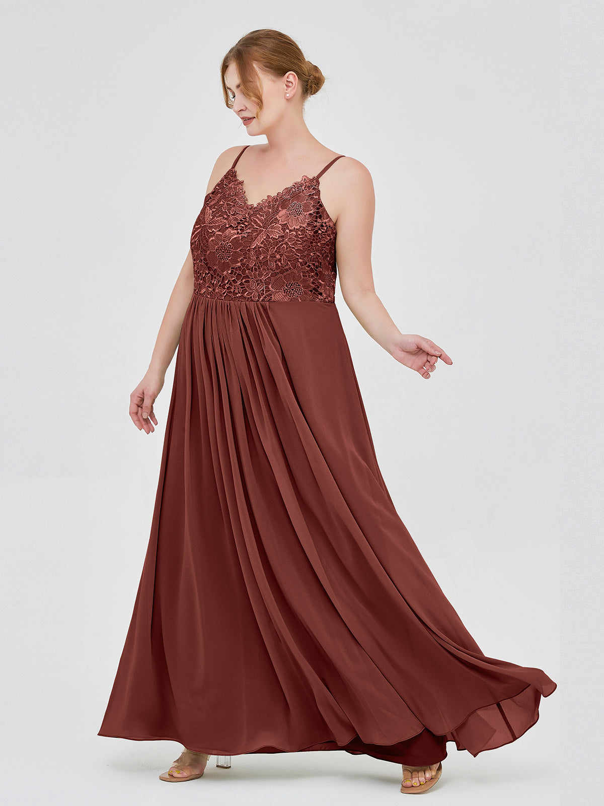 Vestidos largos de encaje y chiffon con tirantes finos Terracota Tallas Grandes