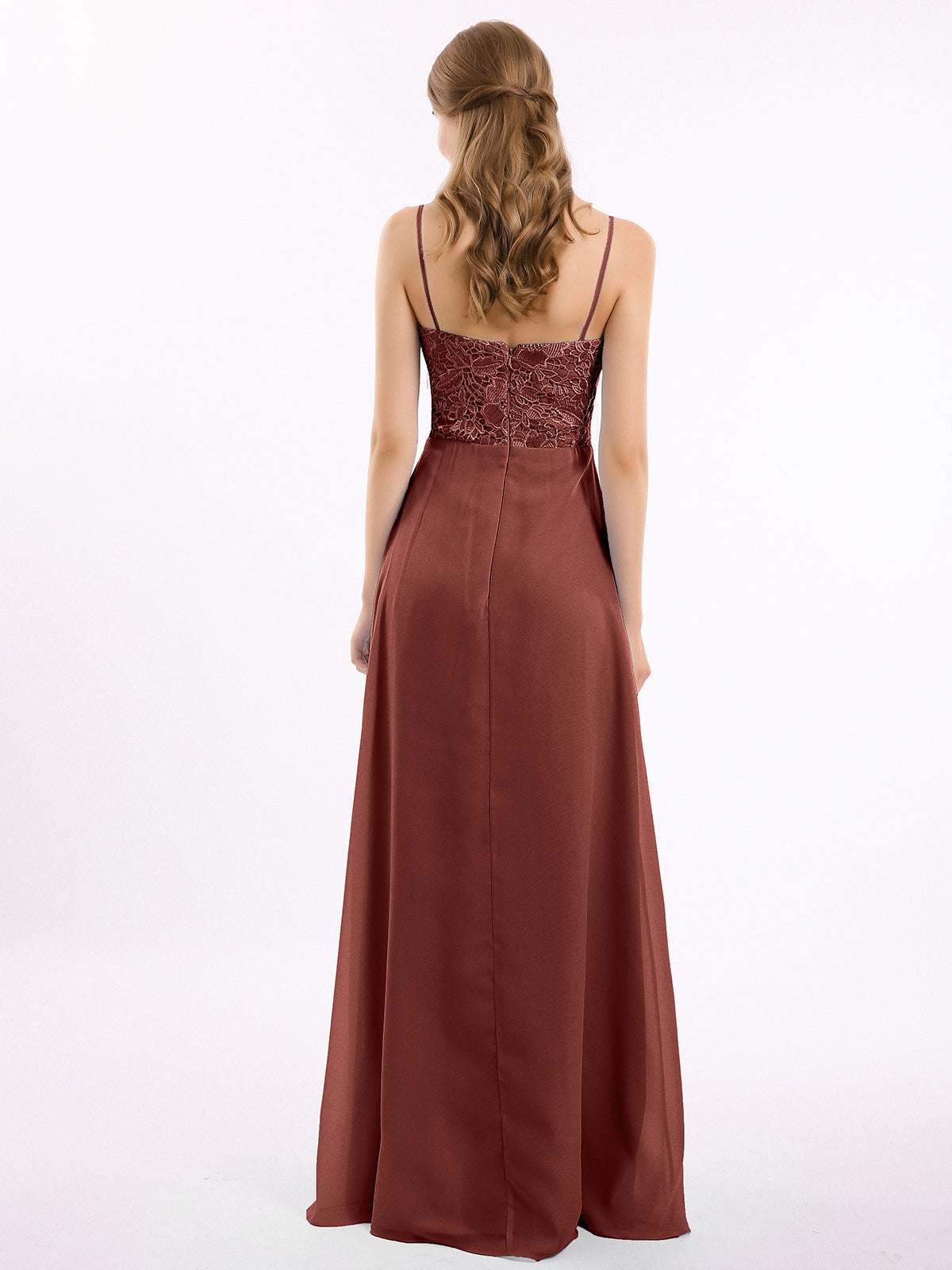 Vestidos largos de encaje y chiffon con tirantes finos Terracota