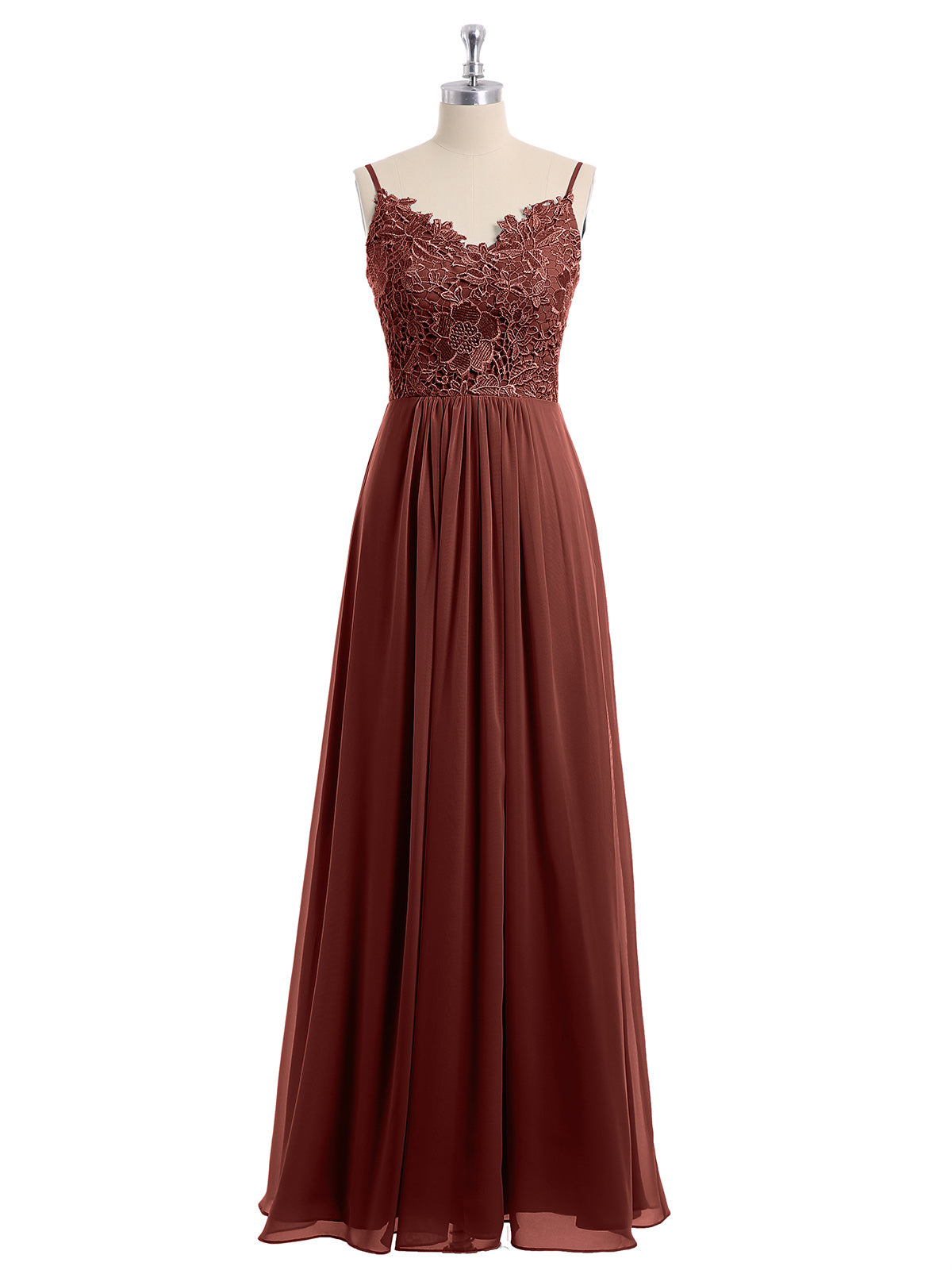 Vestidos largos de encaje y chiffon con tirantes finos Terracota