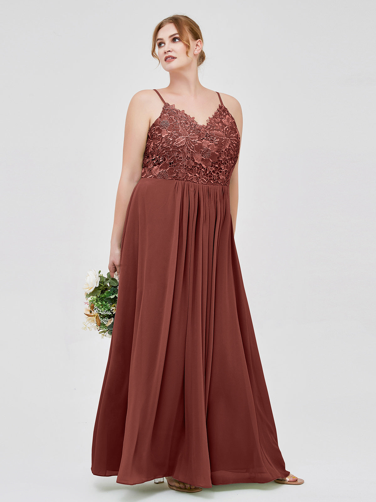 Vestidos largos de encaje y chiffon con tirantes finos Terracota Tallas Grandes