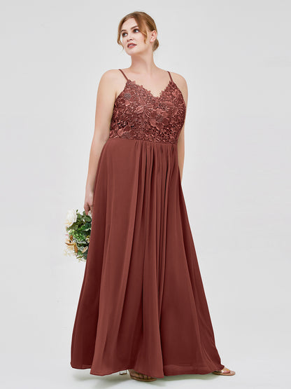 Vestidos largos de encaje y chiffon con tirantes finos Terracota Tallas Grandes