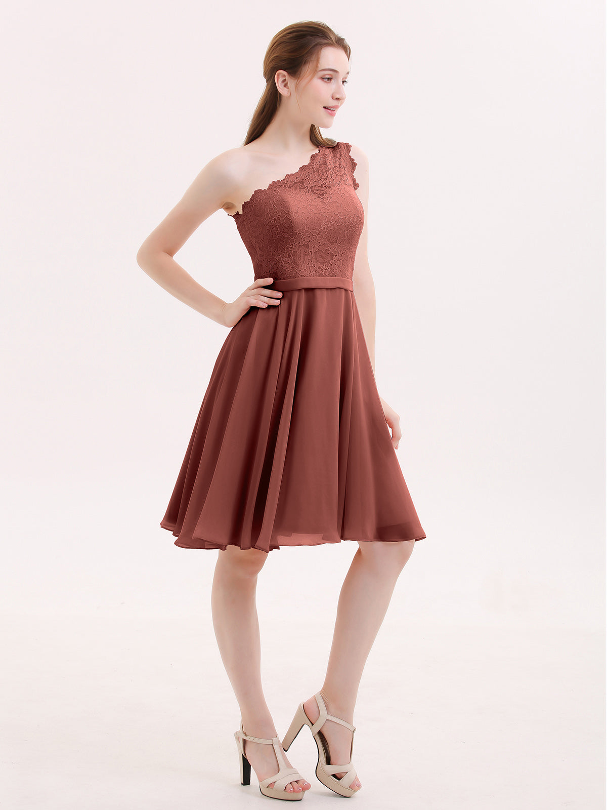 Cheryl Un Hombro Corte Encaje Vestido De Dama De Honor Terracota Tallas Grandes