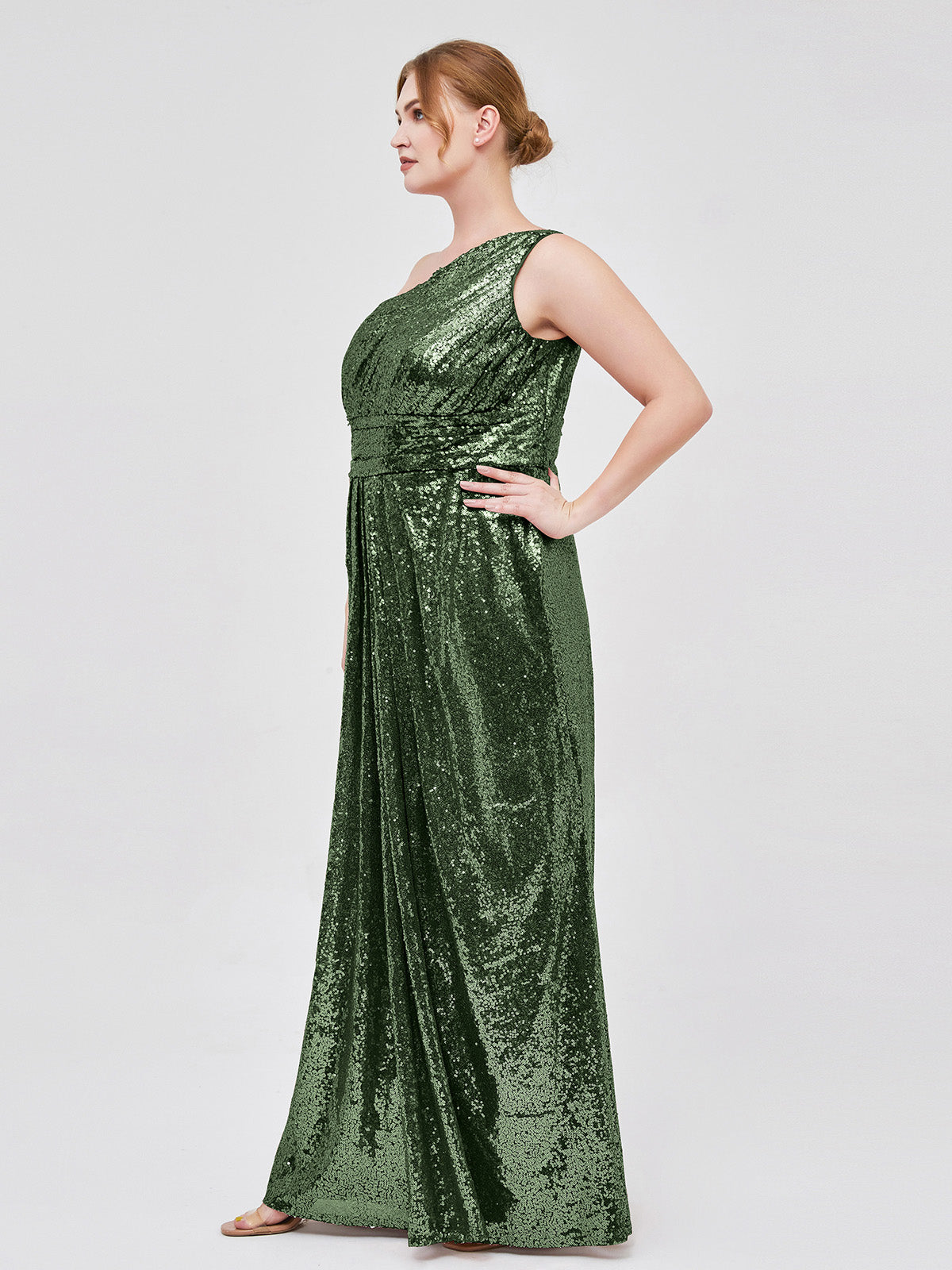 Claire Un Hombro Largo Lentejuelas Corte Verde Oliva Tallas Grandes
