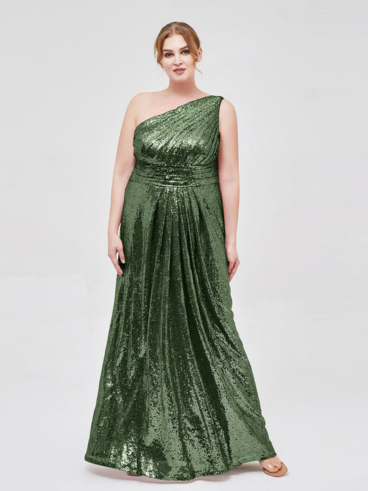 Claire Un Hombro Largo Lentejuelas Corte Verde Oliva Tallas Grandes