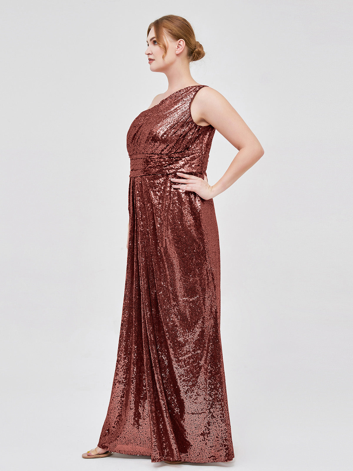 Claire Un Hombro Largo Lentejuelas Corte Terracota Tallas Grandes
