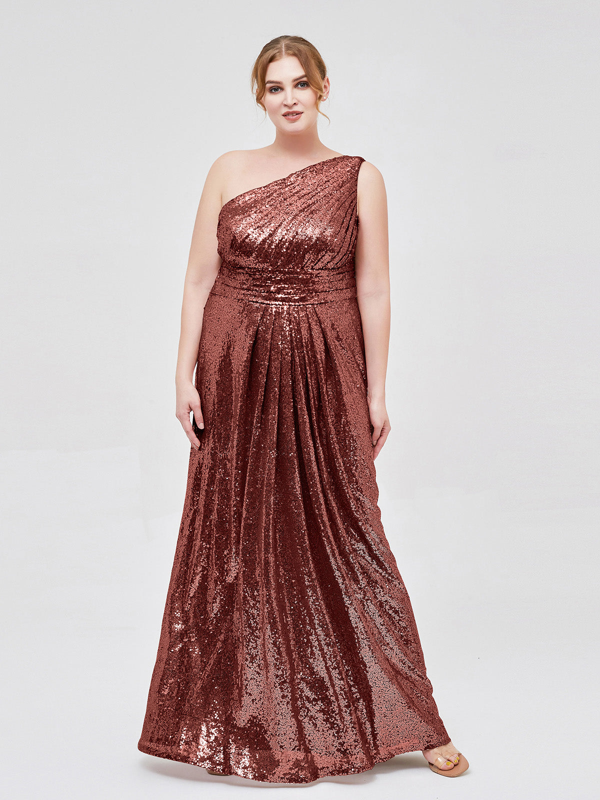 Claire Un Hombro Largo Lentejuelas Corte Terracota Tallas Grandes
