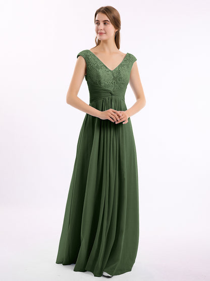 Vestido de chiffon y encaje con mangas cap y escote en V Verde Oliva