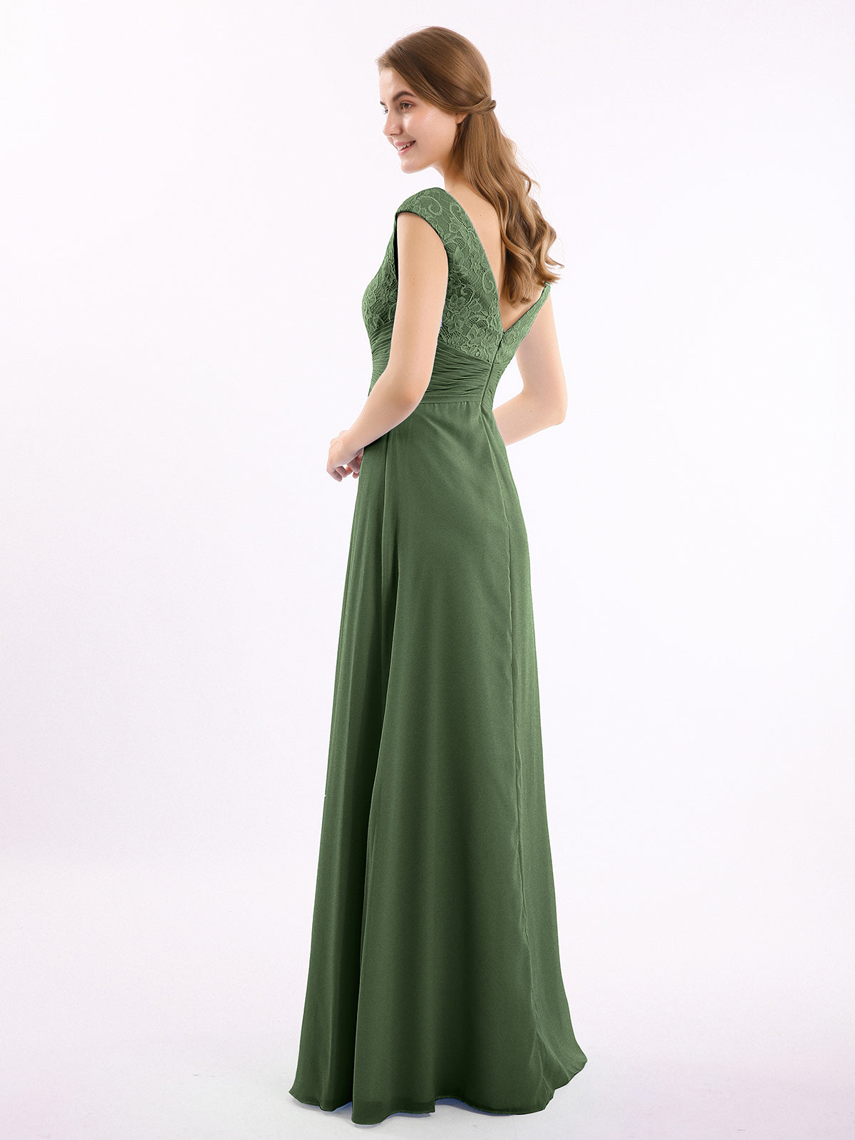 Vestido de chiffon y encaje con mangas cap y escote en V Verde Oliva