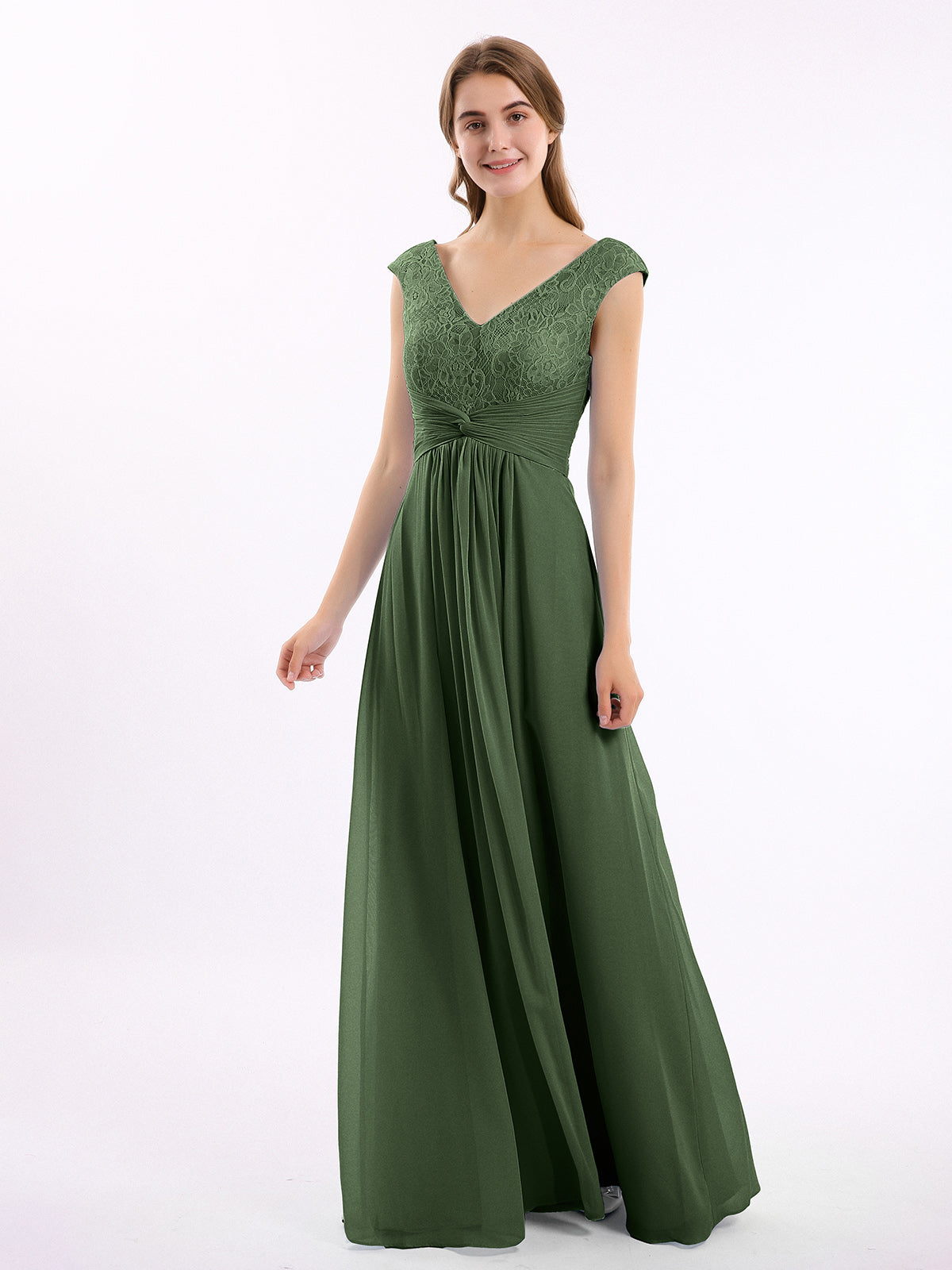 Vestido de chiffon y encaje con mangas cap y escote en V Verde Oliva