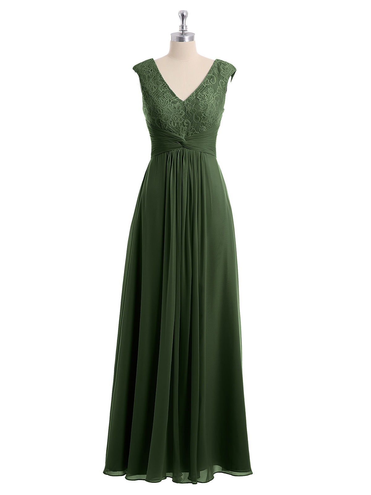 Vestido de chiffon y encaje con mangas cap y escote en V Verde Oliva