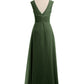 Vestido de chiffon y encaje con mangas cap y escote en V Verde Oliva