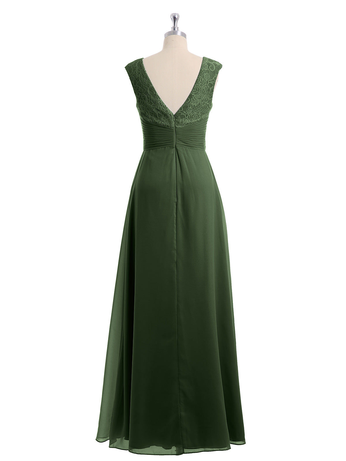 Vestido de chiffon y encaje con mangas cap y escote en V Verde Oliva