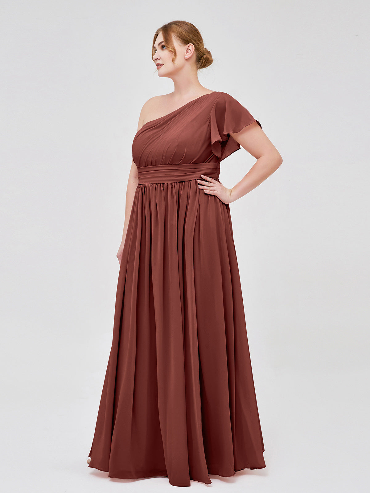 Clementine Un Hombro Manga De Mariposa Gasa Corte Terracota Tallas Grandes