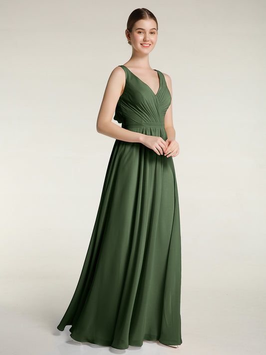 Vestidos de chiffon con espalda descubierta y escote en V Verde Oliva