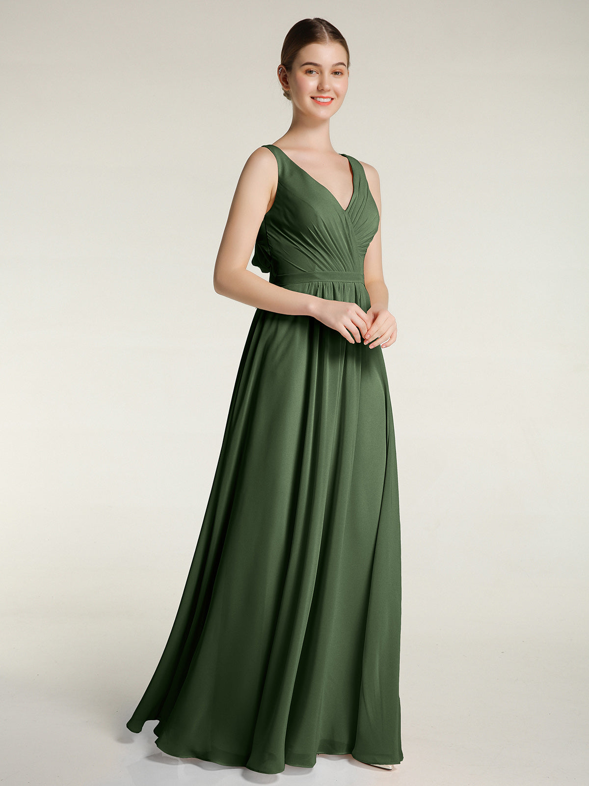 Vestidos de chiffon con espalda descubierta y escote en V Verde Oliva Tallas Grandes