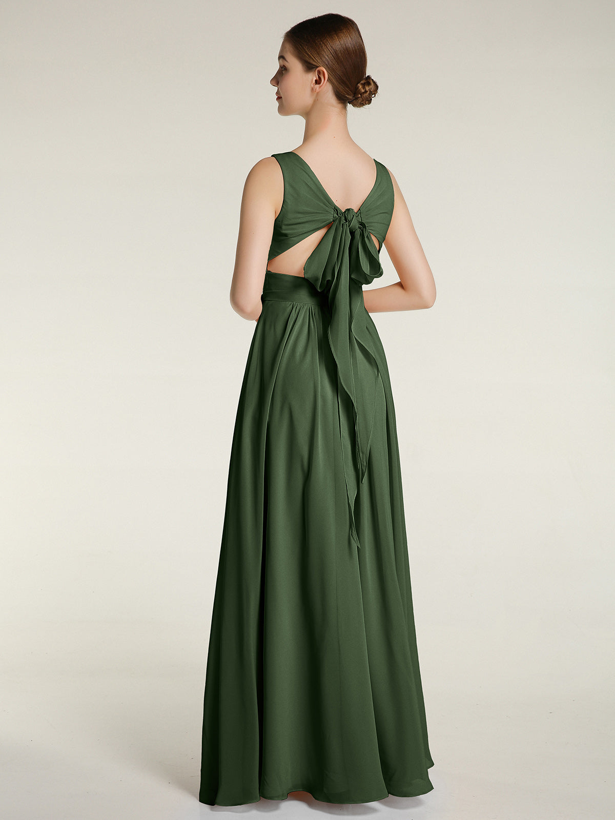 Vestidos de chiffon con espalda descubierta y escote en V Verde Oliva
