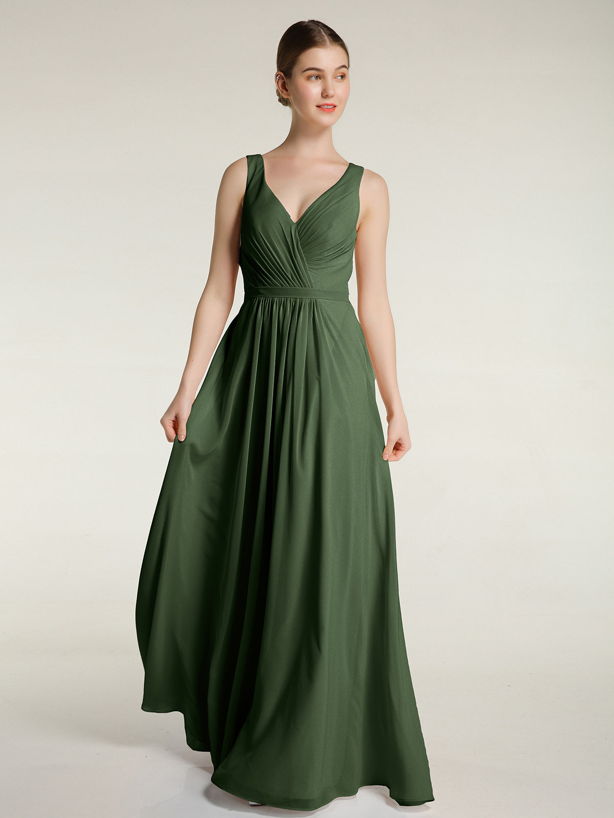 Vestidos de chiffon con espalda descubierta y escote en V Verde Oliva