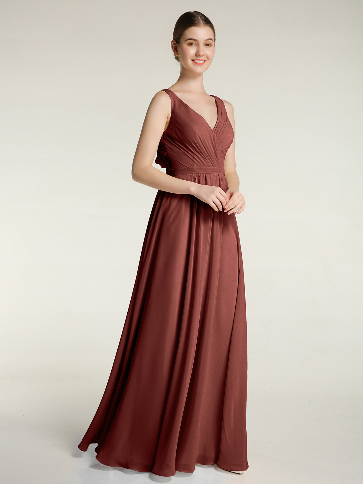 Vestidos de chiffon con espalda descubierta y escote en V Terracota