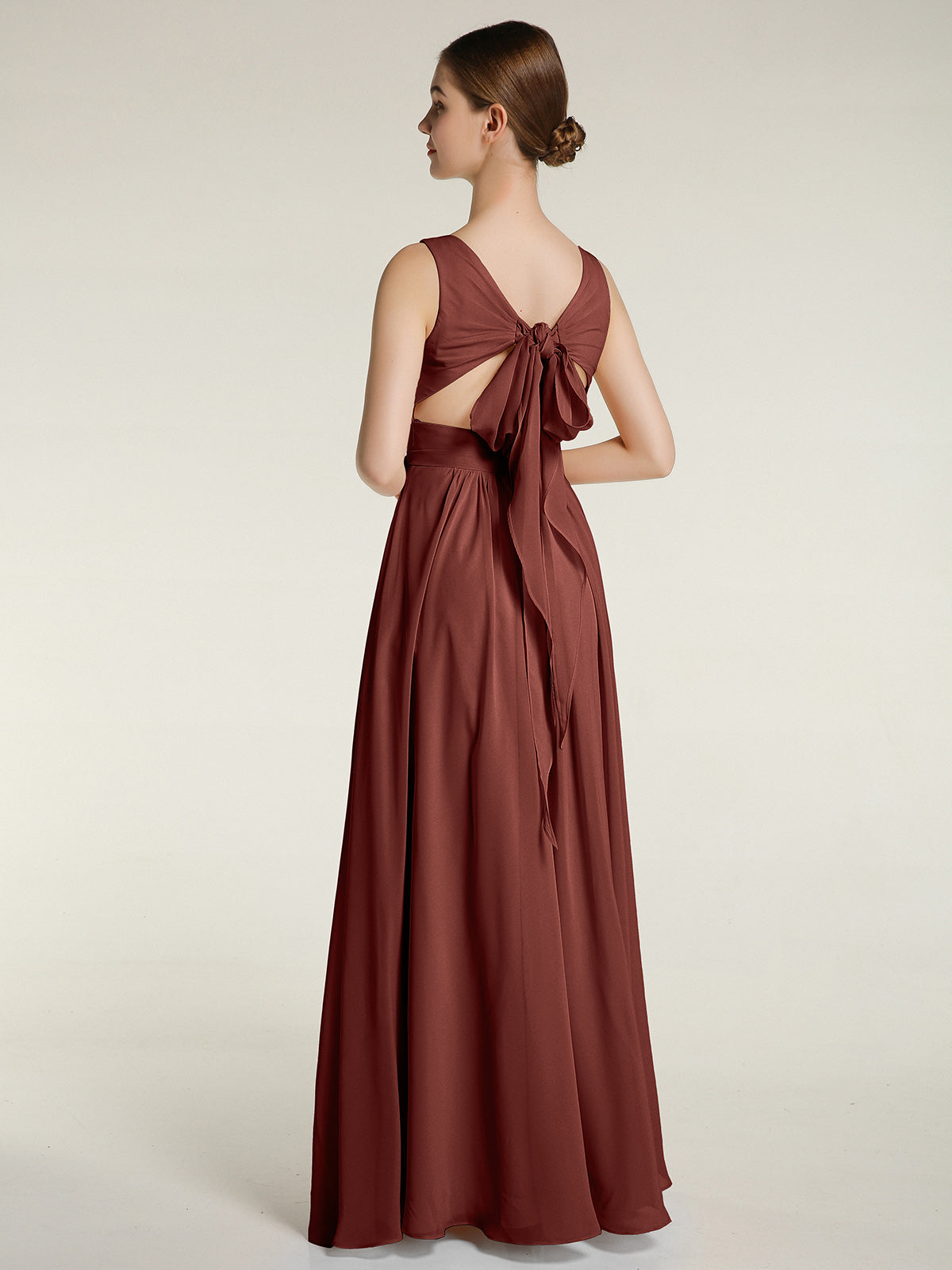 Vestidos de chiffon con espalda descubierta y escote en V Terracota