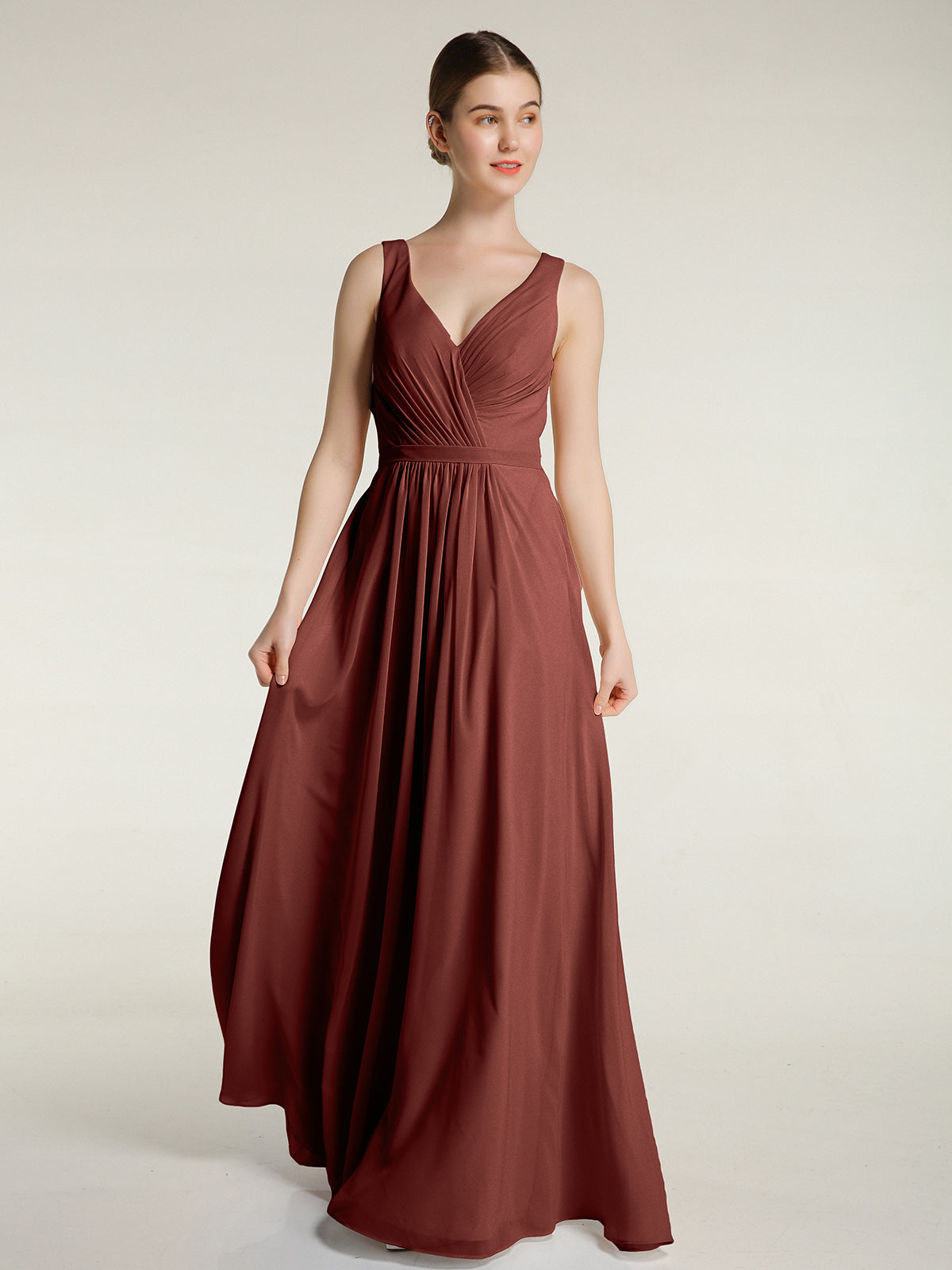 Vestidos de chiffon con espalda descubierta y escote en V Terracota Tallas Grandes