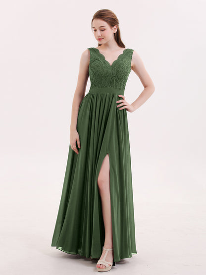 Constance Encaje Y Gasa Sexy Vestido Con Corte Largo Verde Oliva Tallas Grandes