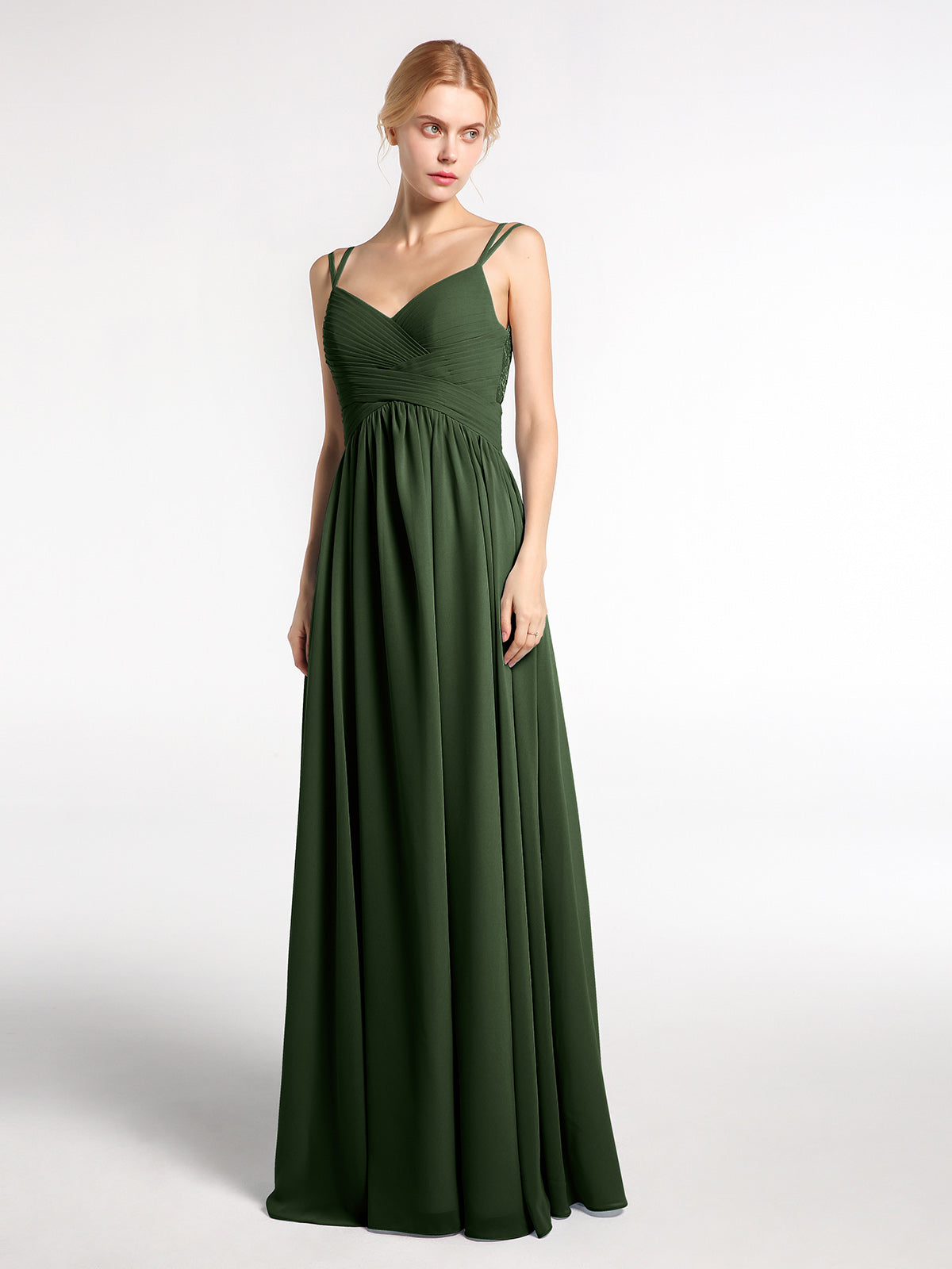Vestido largo de dama de honor de chiffon con tirantes dobles Verde Oliva Tallas Grandes