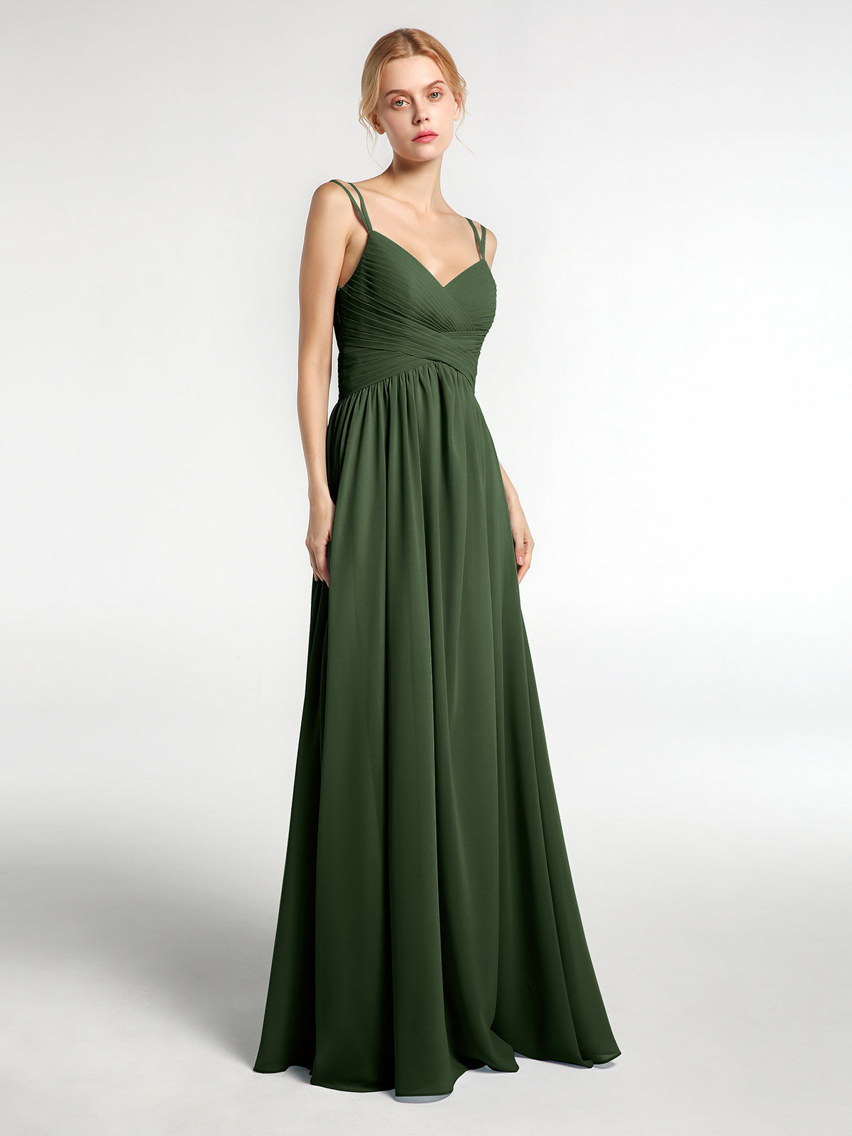 Vestido largo de dama de honor de chiffon con tirantes dobles Verde Oliva Tallas Grandes