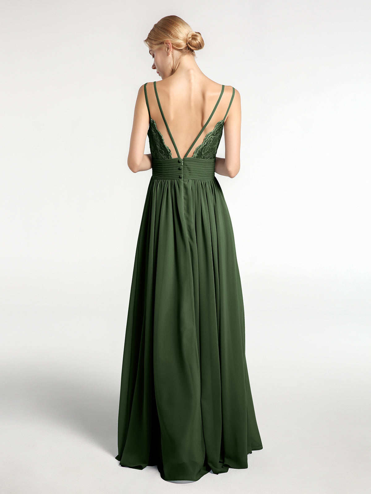 Vestido largo de dama de honor de chiffon con tirantes dobles Verde Oliva Tallas Grandes