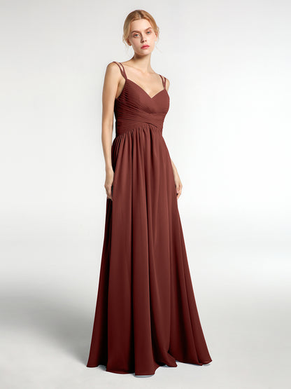 Vestido largo de dama de honor de chiffon con tirantes dobles Terracota