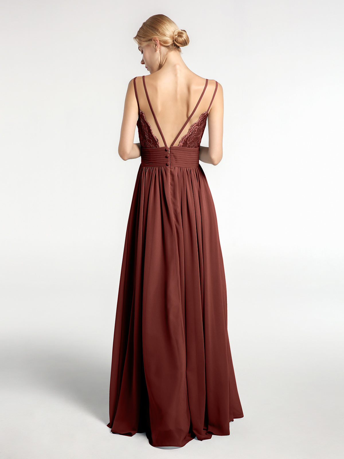 Vestido largo de dama de honor de chiffon con tirantes dobles Terracota