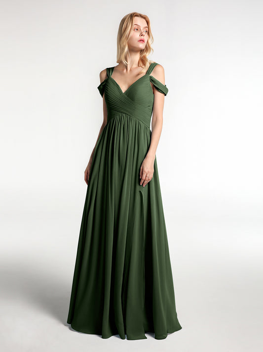 Vestido maxi con cintura imperio y hombros descubiertos con abertura Verde Oliva