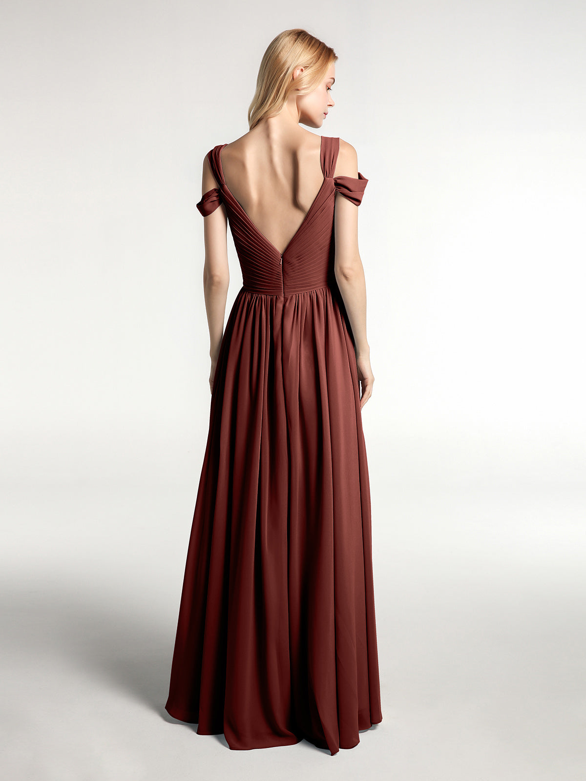Vestido maxi con cintura imperio y hombros descubiertos con abertura Terracota